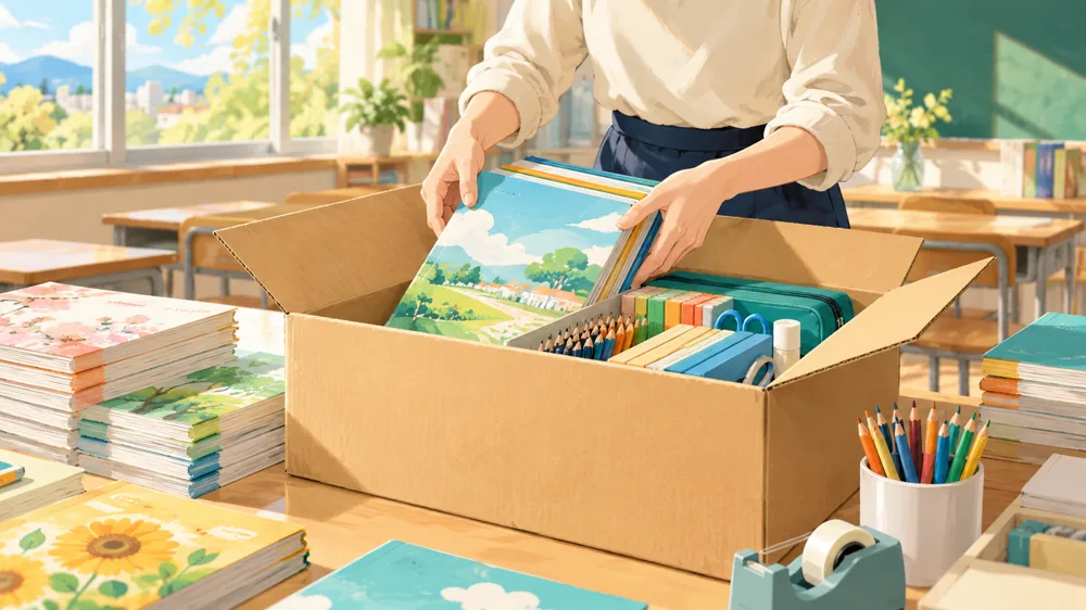 教材や学用品を箱に詰める様子