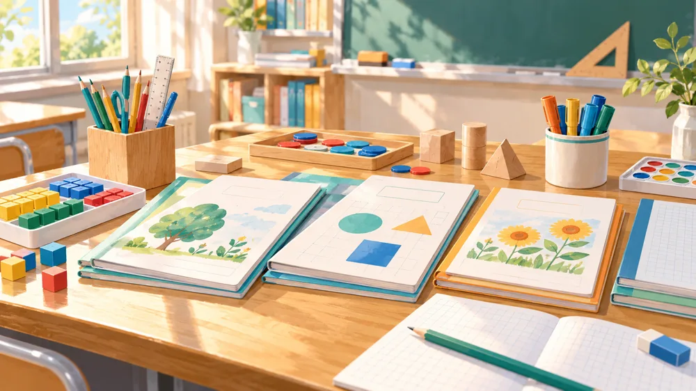 机に並べた教材と教具、学用品
